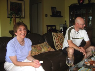 July 14.  We started with dinner at Doug's house. Here Jean and Gaetan relax before dinner.