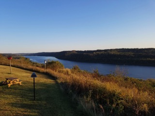 October 17.  Wow.  What a wonderful time! Great weather for the entire weekend, too!
For us, it started Thursday morning as we departed Virginia for a night at Corydon, Indiana.   Fairly close by was "The Overlook Restaurant" with a GREAT view of the Ohio River.