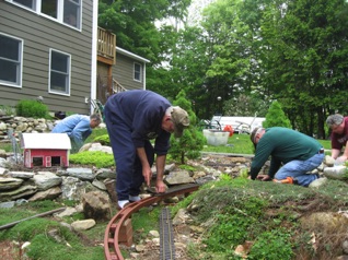 Here Bob and Jon work on the upper siding - installing the ladder and setting it to the right grade. Ken and I work on re-doing the grade on the main. It was much too steep, but we quickly got it corrected. Again, just doing that part by myself might have taken me a couple of days. Here Bob and Jon work on the upper siding - installing the ladder and setting it to the right grade. Ken and I work on re-doing the grade on the main. It was much too steep, but we quickly got it corrected. Again, just doing that part by myself might have taken me a couple of days.