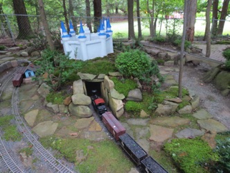 We knew that my Shay would not fit through one of the tunnels, so I had arranged with Kevin to meet at the next passing siding and trade trains with him.