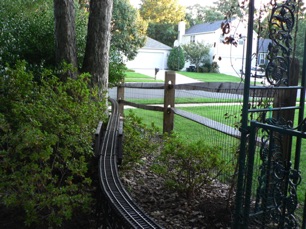 My curved trestle, deck bridge, metal bridge and track...as it curves around the oak tree and through the holly. Looks like the azaleas will survive. 